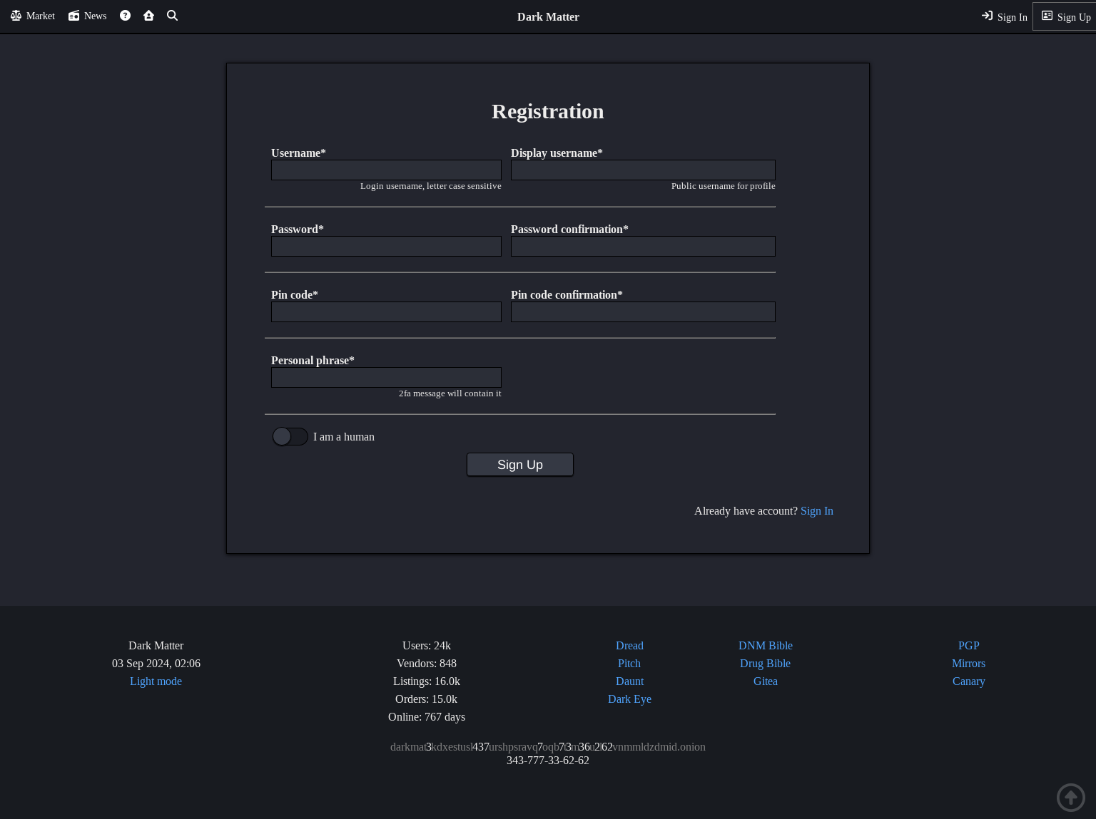 Dark Matter market interface